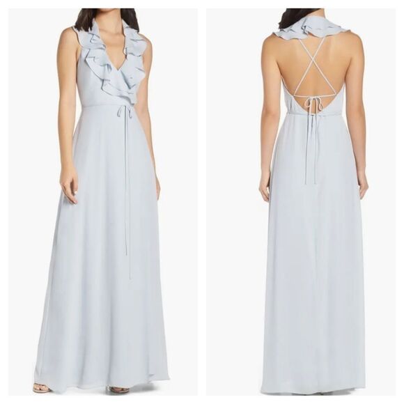 Wayf The Riley Lace-Up Back Wrap Evening Dress in Ocean Mist - Picture 1 of 9